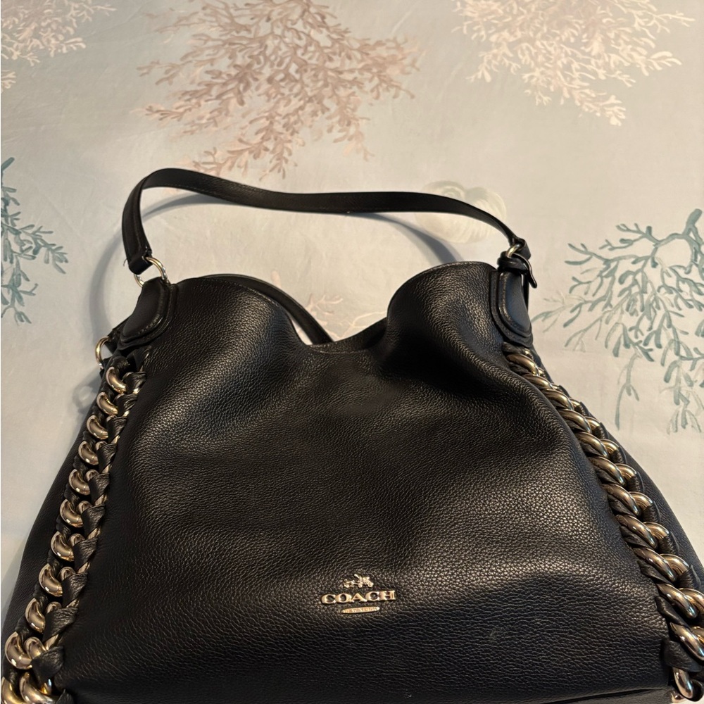Coach Black Leather Shoulder Bag with Gold Chain